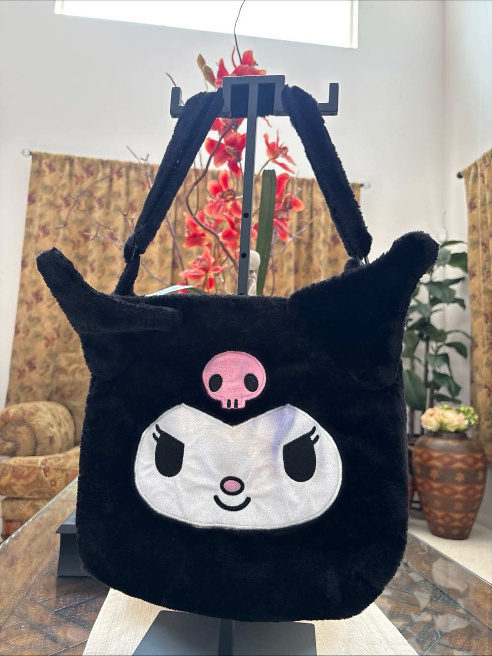 Kuromi Sanrio Black Plush Character Shoulder Bag with Pink Skull Accent